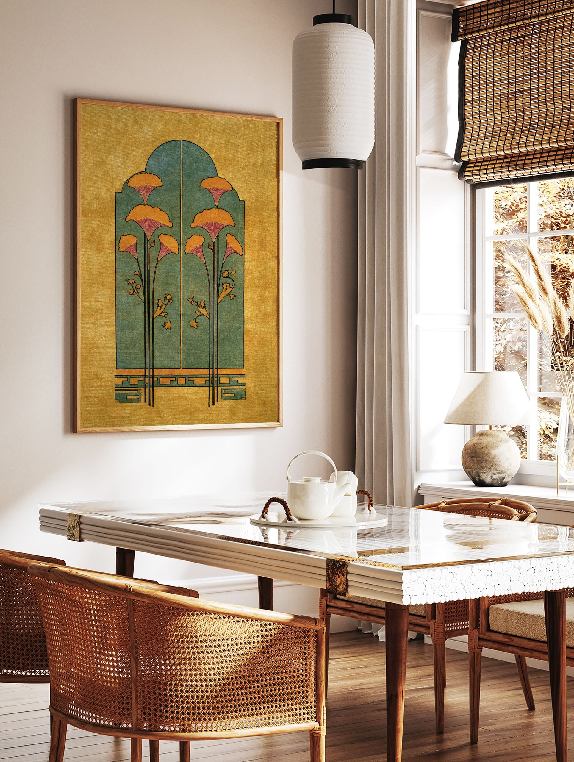 Yellow and green botanical illustration poster featuring stylized orange flowers within an arched teal structure on a golden background. - Image 2