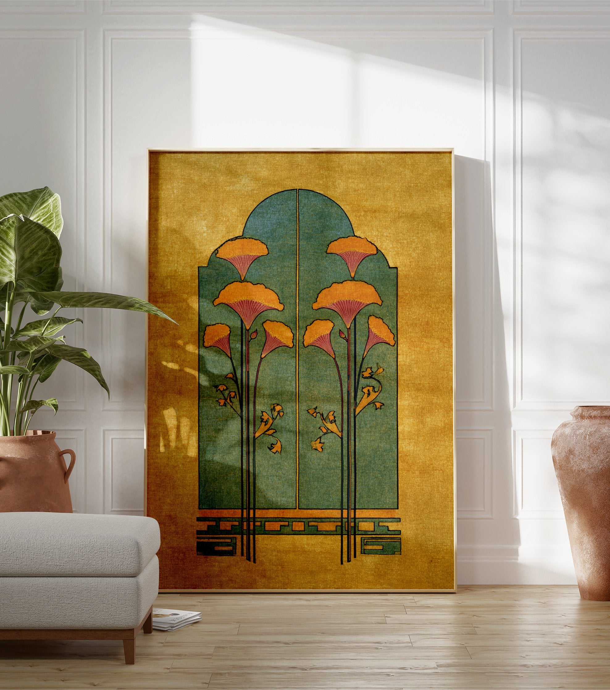 Yellow and green botanical illustration poster featuring stylized orange flowers within an arched teal structure on a golden background. - Image 3