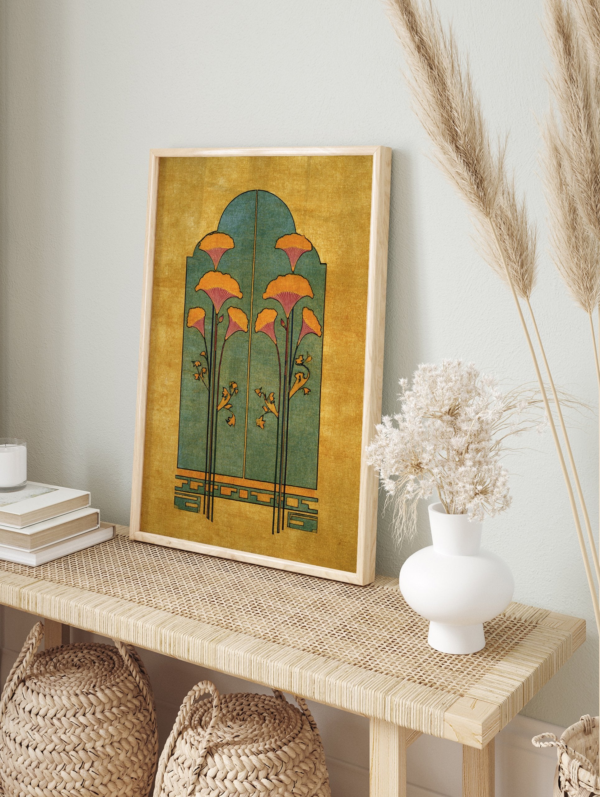 Yellow and green botanical illustration poster featuring stylized orange flowers within an arched teal structure on a golden background. - Image 4