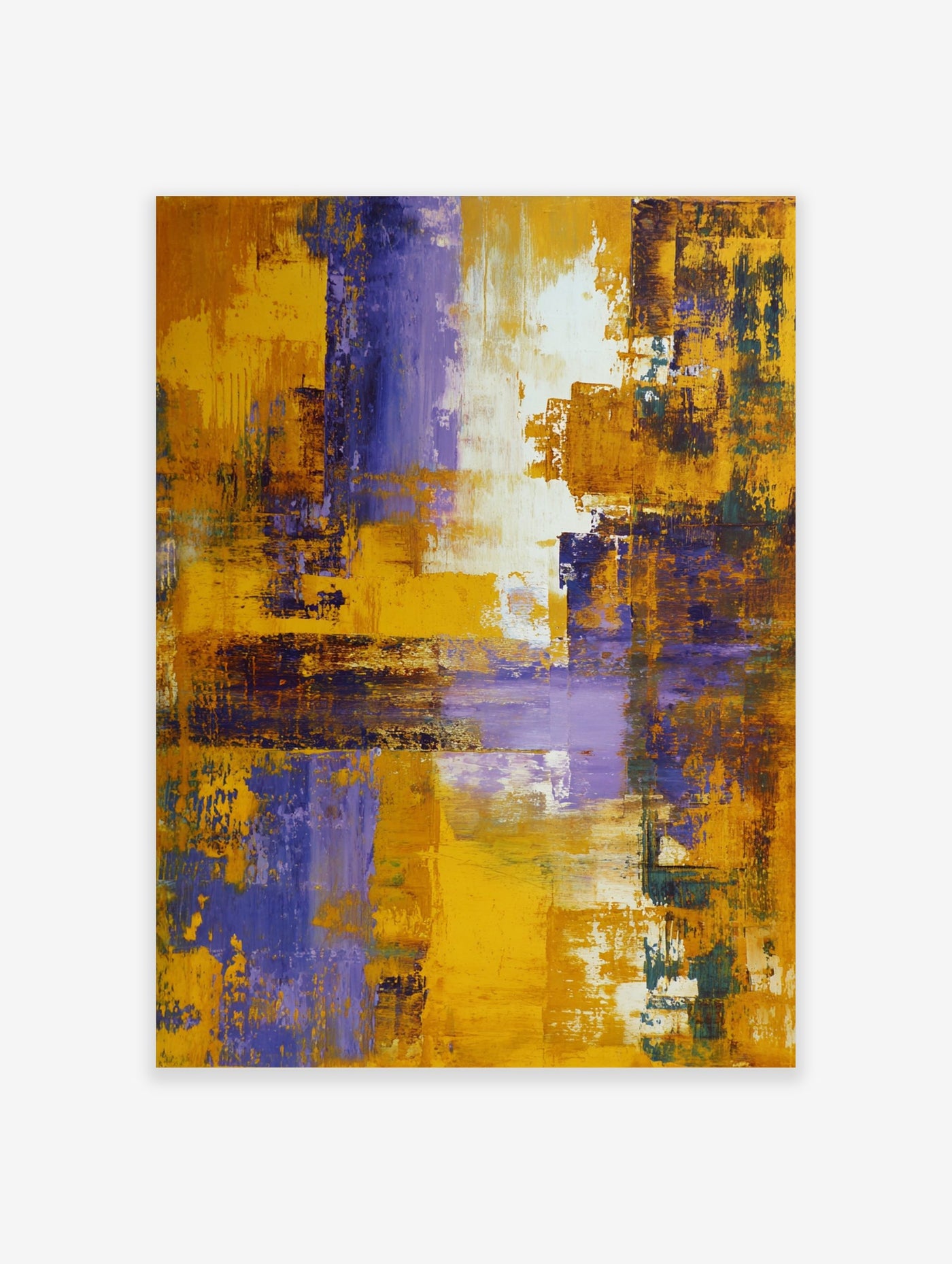 Abstract art print with textured yellow, purple, and white brushstrokes in vertical and horizontal layers