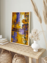 Abstract art print with textured yellow, purple, and white brushstrokes in vertical and, in an alternate framed mockup