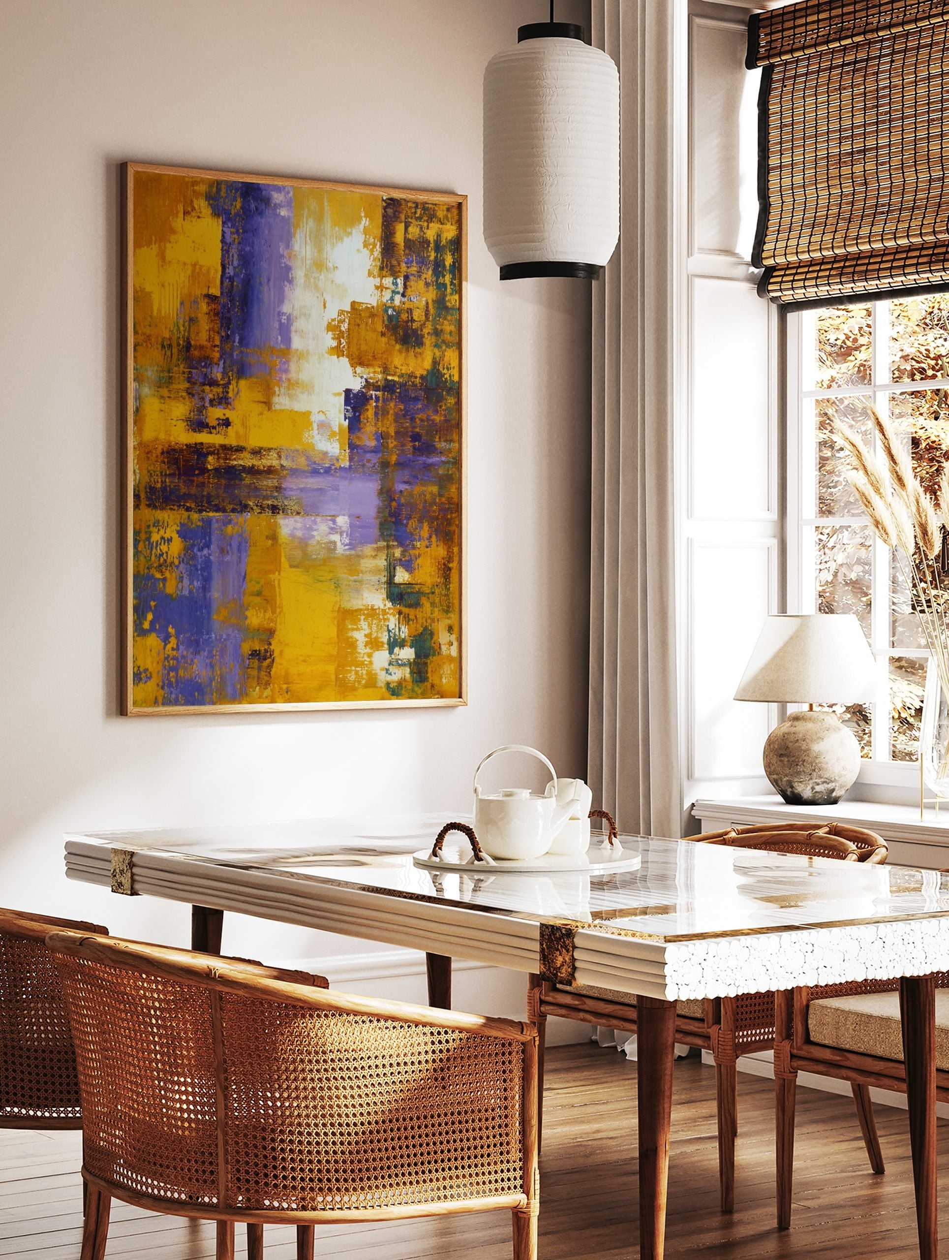 Abstract art print with textured yellow, purple, and white brushstrokes in vertical and horizontal, in a styled room mockup
