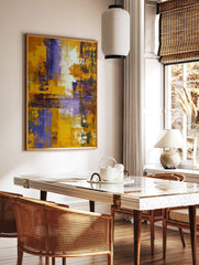 Abstract art print with textured yellow, purple, and white brushstrokes in vertical and horizontal, in a styled room mockup