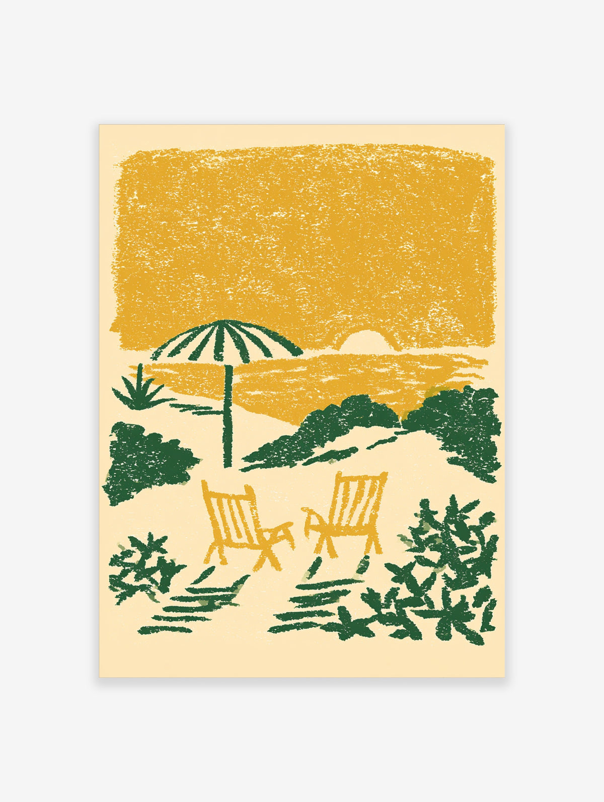 Yellow beach sunset poster with striped umbrella, two deck chairs, and dark green foliage