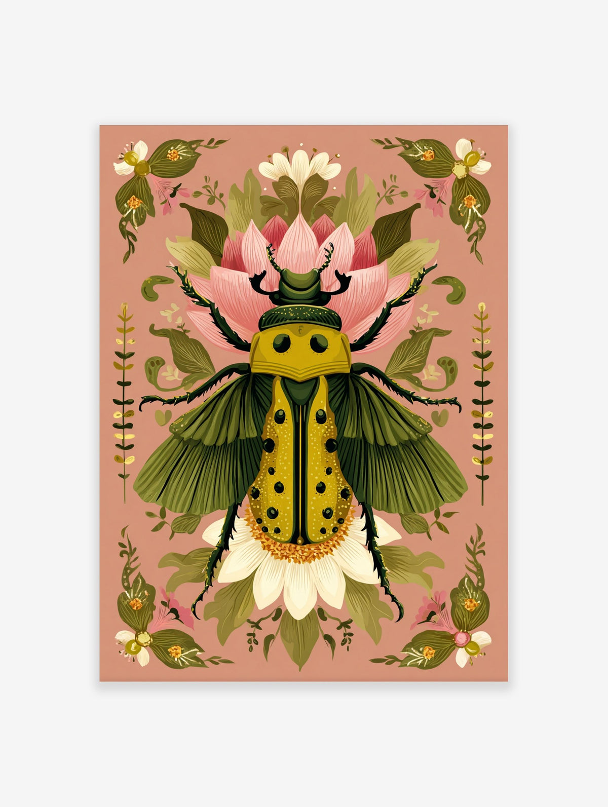Ornate yellow beetle illustration with green wings and black spots, surrounded by pink and white botanical flowers