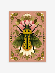 Ornate yellow beetle illustration with green wings and black spots, surrounded by pink and white botanical flowers