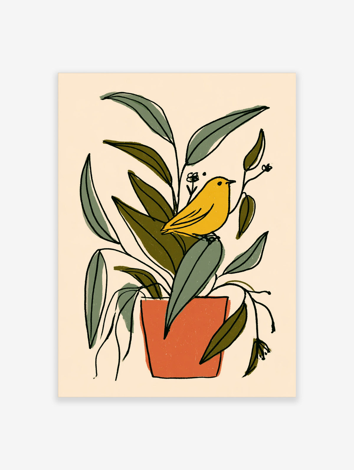 Yellow bird on a potted plant with green leaves and orange pot, cream background
