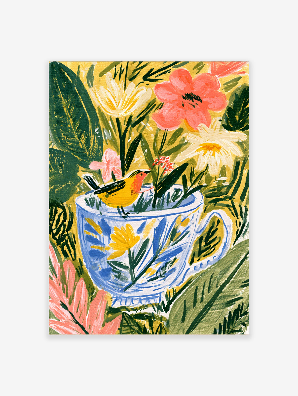Yellow bird perched in a blue floral teacup surrounded by pink and white flowers, colourful botanical illustration