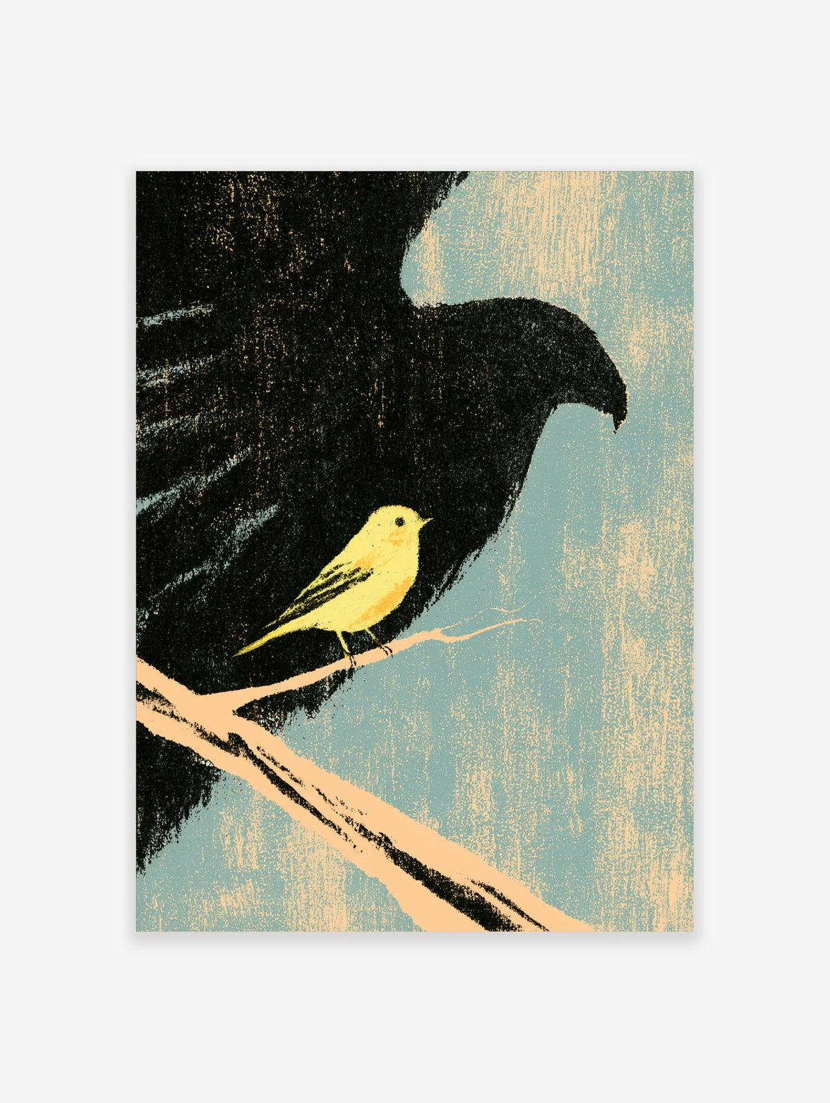 Yellow bird on a branch with a large black bird silhouette and blue textured background art print
