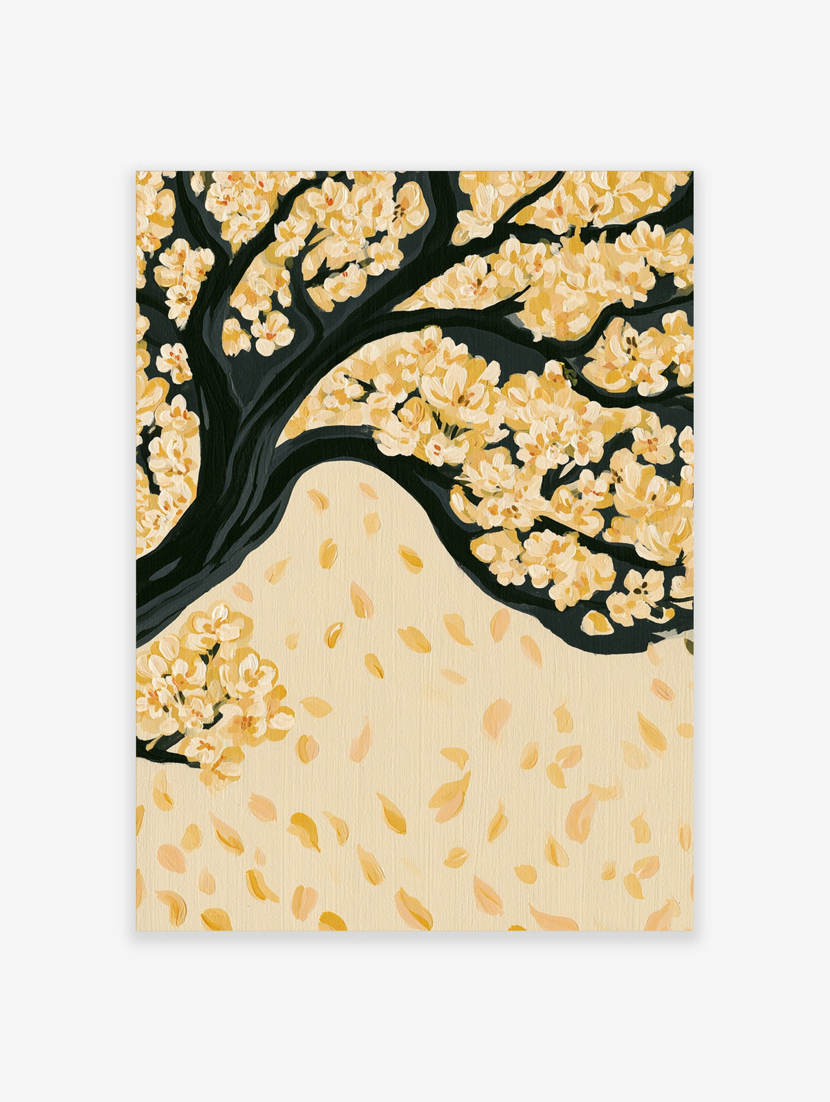 Yellow blossom tree art print with dark branches and falling petals on cream background
