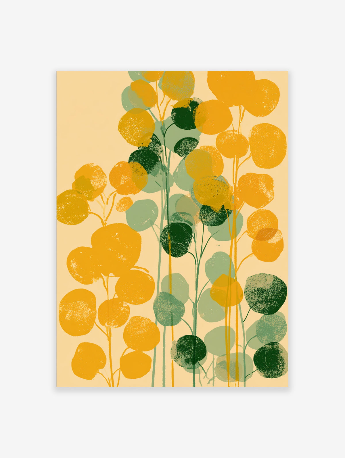 Abstract eucalyptus leaf art print with yellow and green rounded shapes on beige background