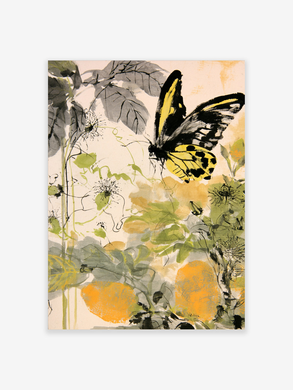 Yellow and black butterfly over grey ink leaves, green vines, and orange fruit shapes in a Japanese botanical print