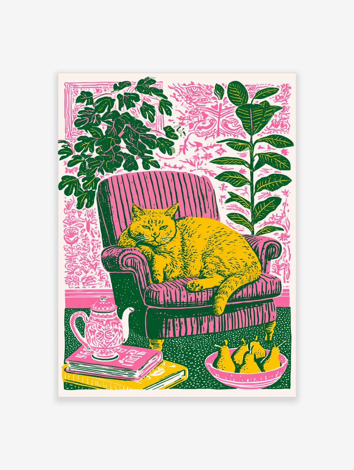 Yellow cat on pink striped armchair with green leaves, teapot and pears art print