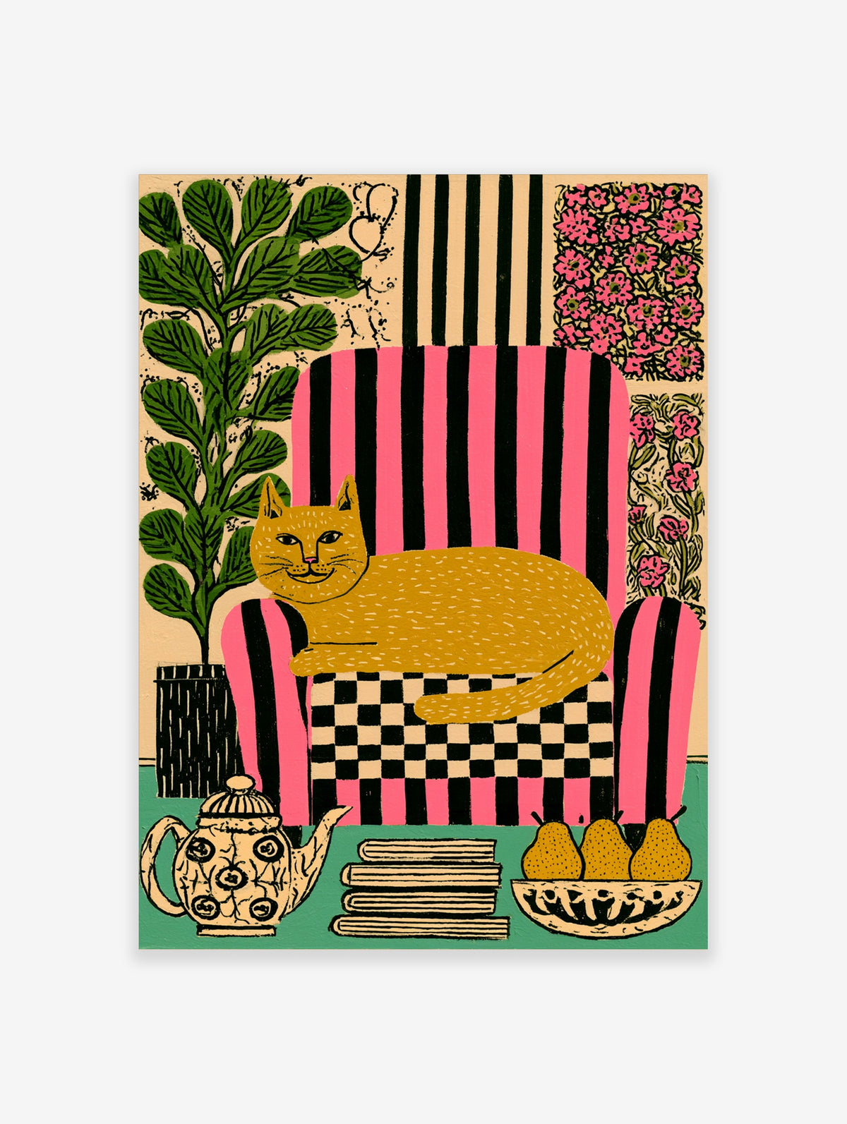 Illustration of a yellow cat on a pink and black striped chair with teapot, books, and pears