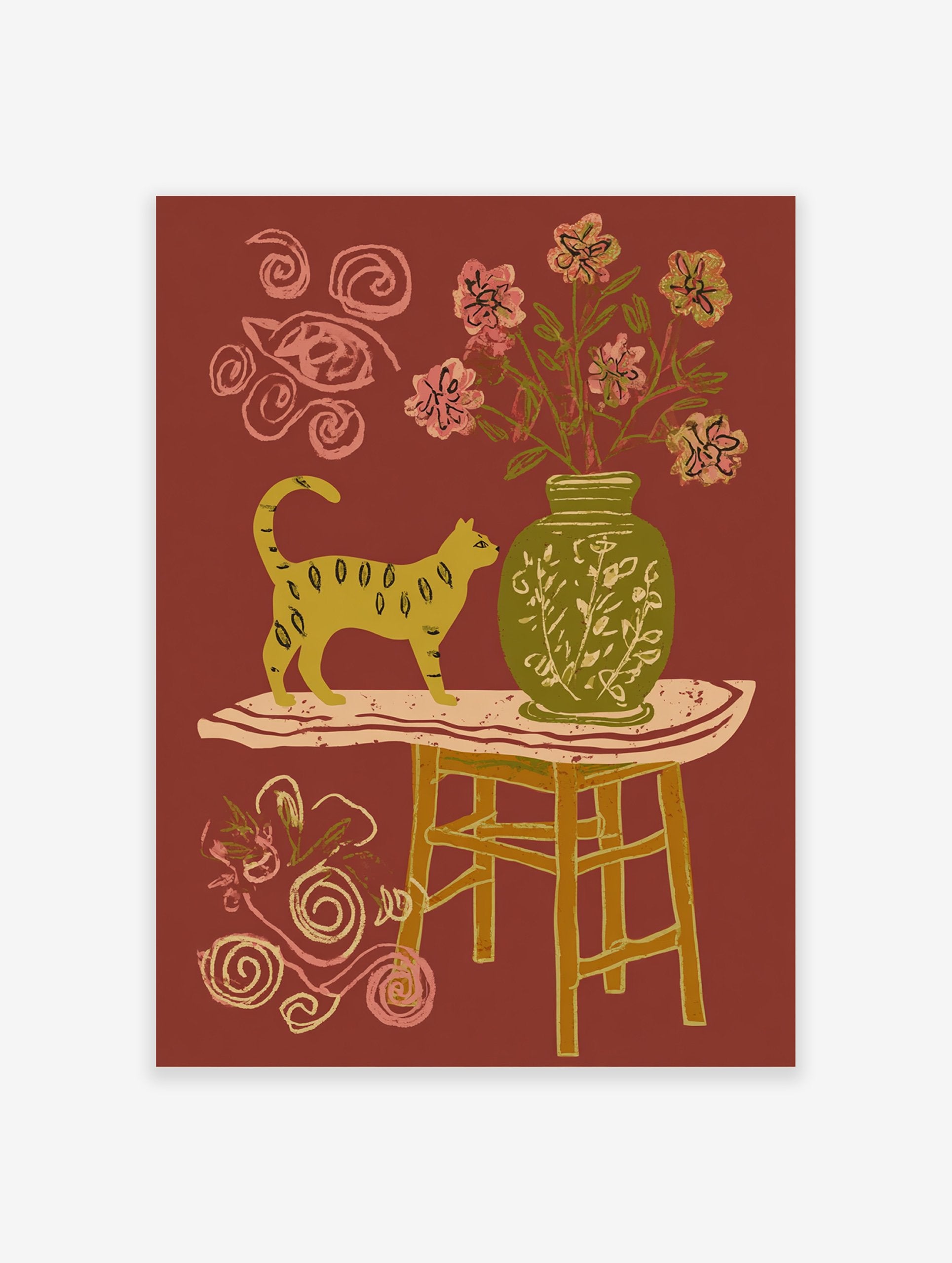 Yellow cat wall art illustration with a green vase, pink flowers, and a table on a reddish-brown background.