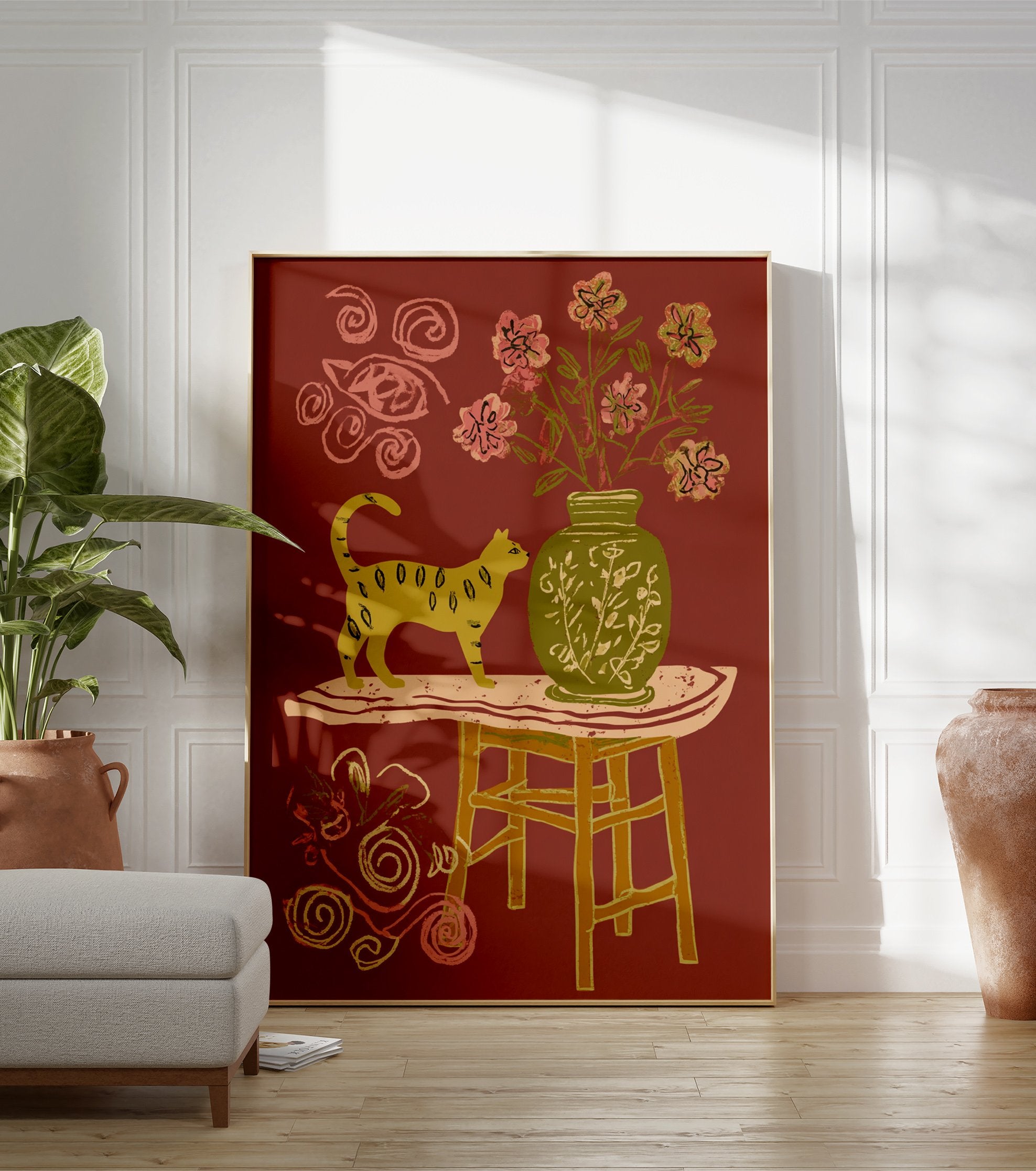 Yellow cat wall art illustration with a green vase, pink flowers, and a table on a reddish-brown background. - Image 3