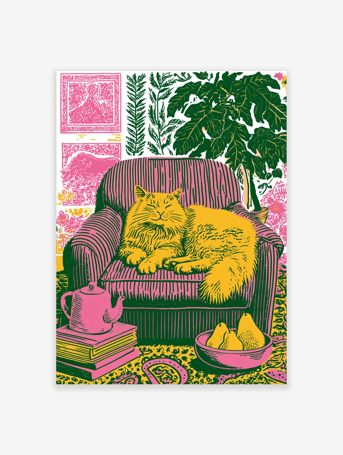 Yellow cat on pink striped armchair with teapot, pears, and green botanical background art print