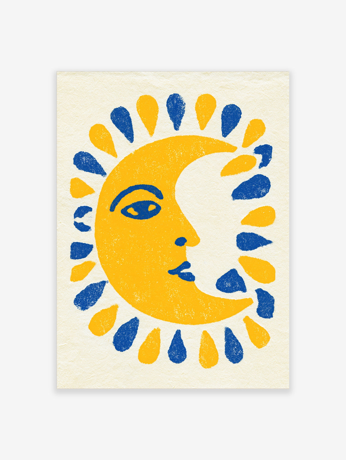 Yellow crescent moon with blue eye, nose, and lips surrounded by blue and yellow teardrop rays on off-white background