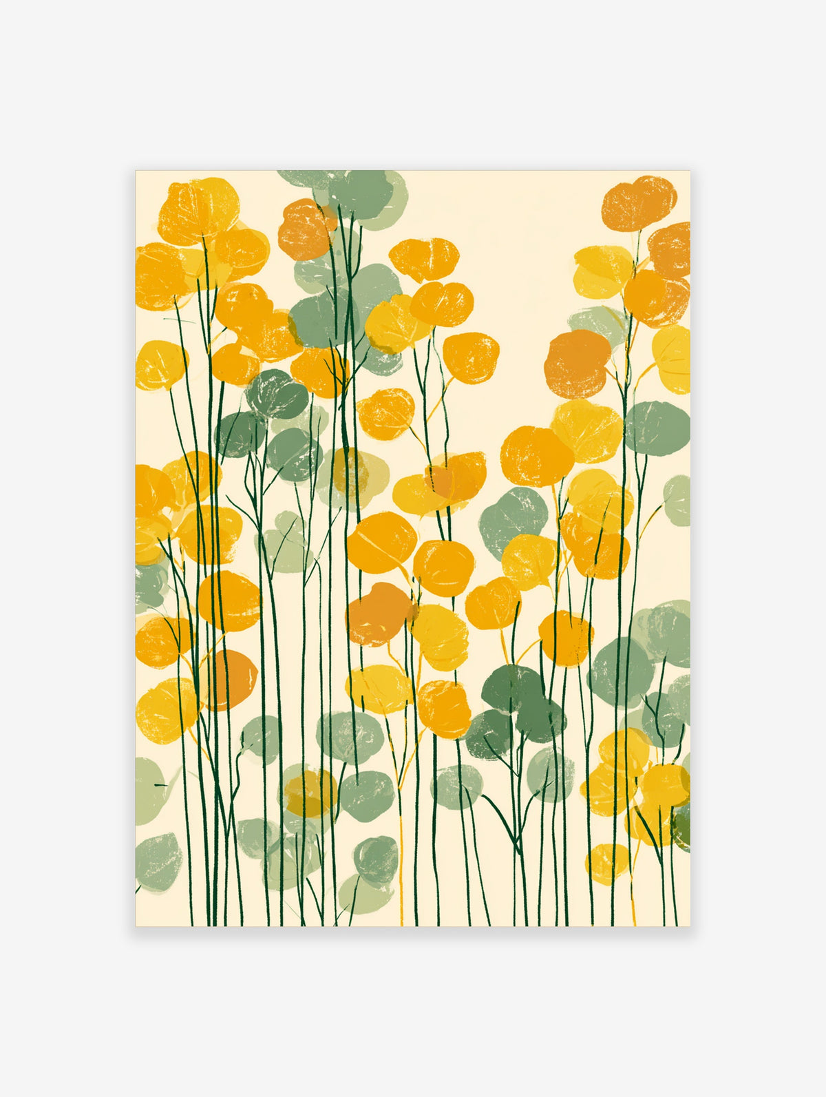 Yellow and green eucalyptus leaf art print with round leaves on tall stems against a cream background