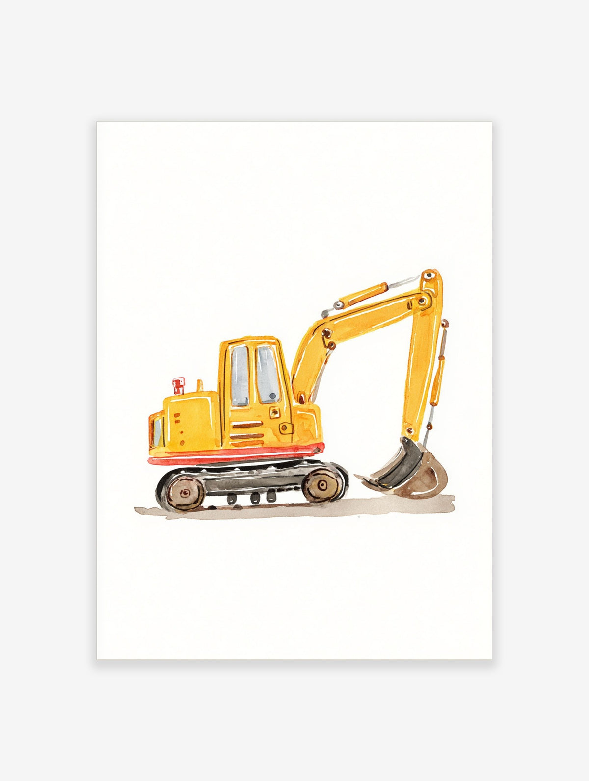 Watercolour illustration of a yellow excavator digger with grey tracks and brown bucket on a white background
