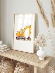 Watercolour illustration of a yellow excavator digger with grey tracks and brown bucket on a, in an alternate framed mockup
