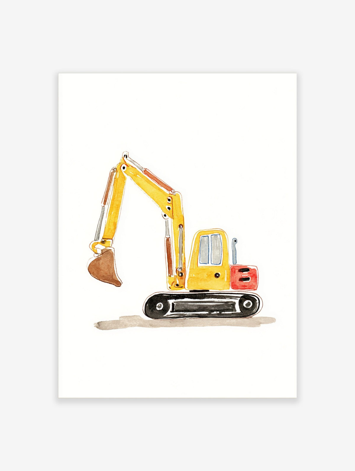 Yellow excavator watercolour illustration print with a brown bucket and black tracks on a white background