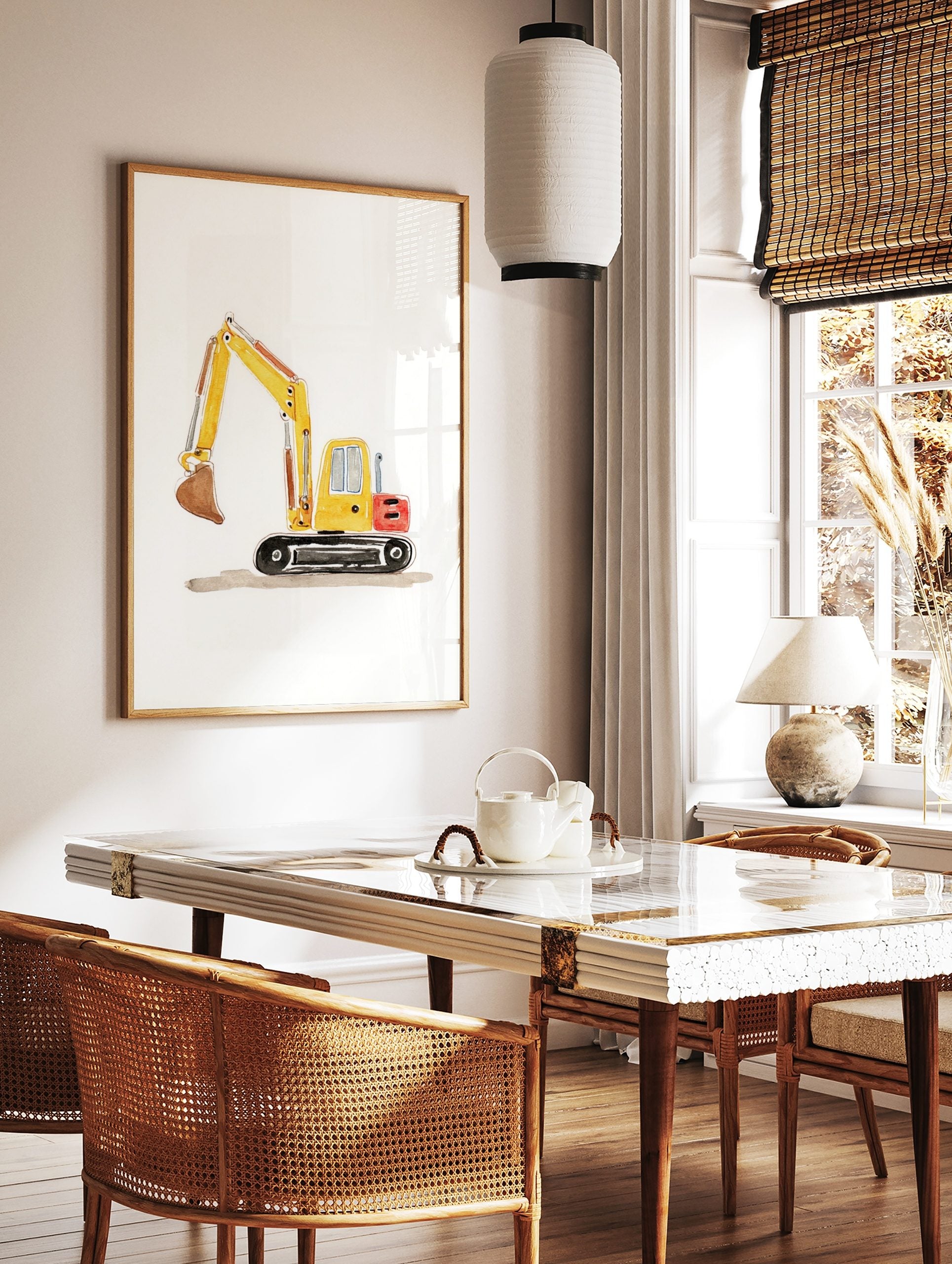Yellow excavator watercolour illustration print with a brown bucket and black tracks on a white, in a styled room mockup
