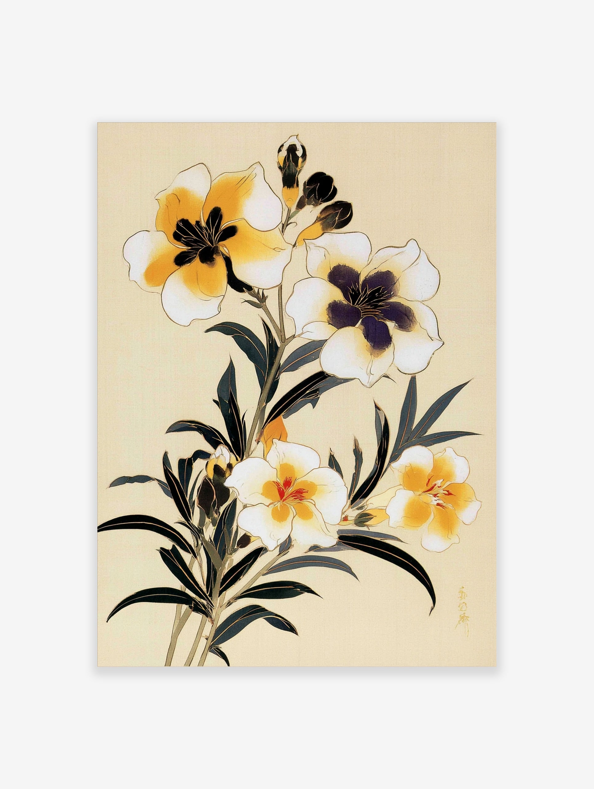 Botanical illustration of yellow flowers with dark leaves on a cream background, floral wall art print