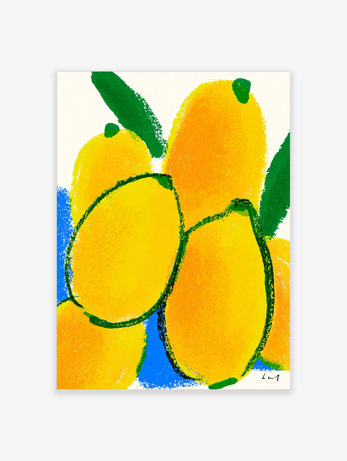 Bright yellow fruit wall art with green leaves and blue accents, modern kitchen poster