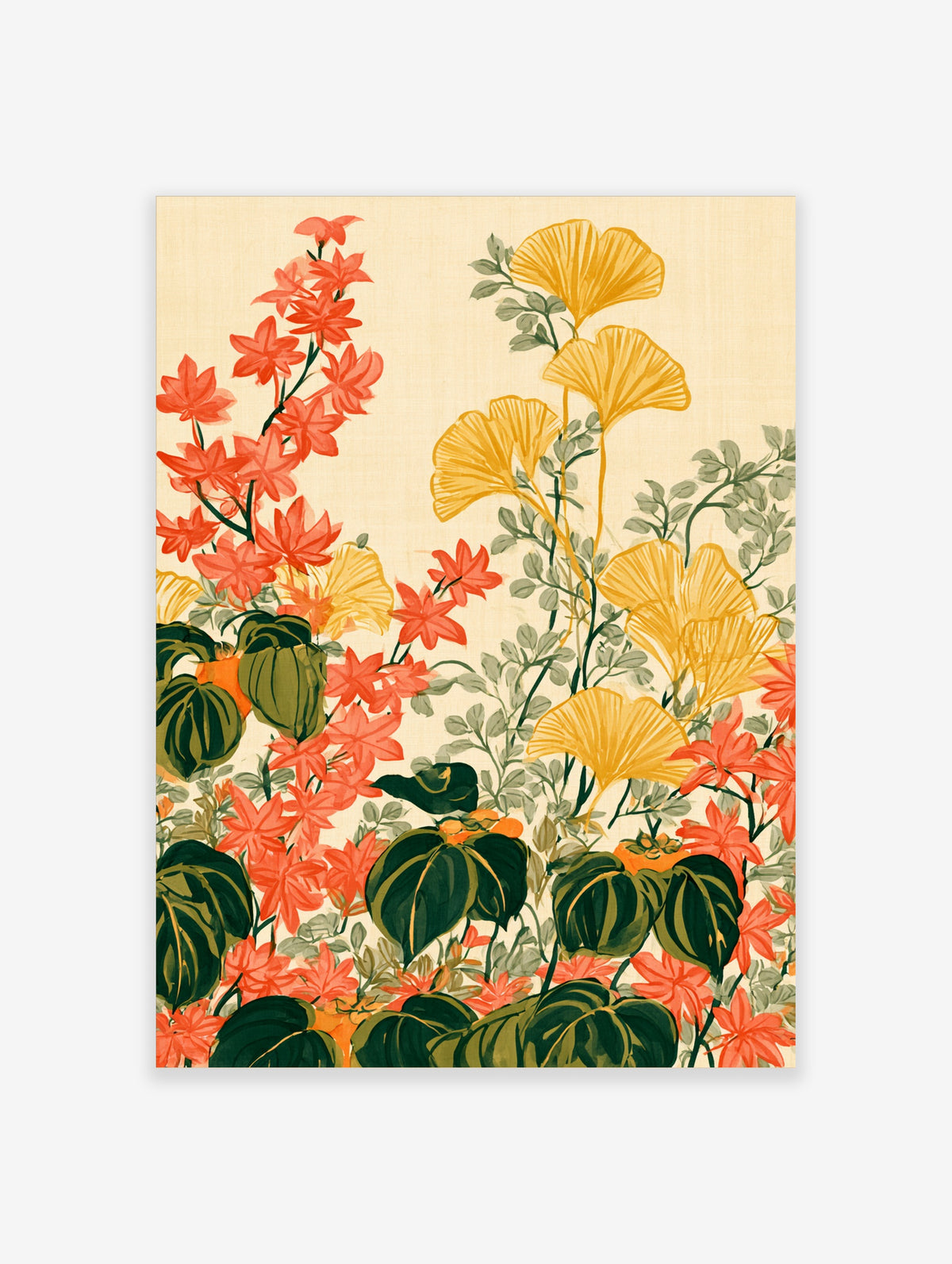 Yellow ginkgo and red flower botanical illustration art print on beige background