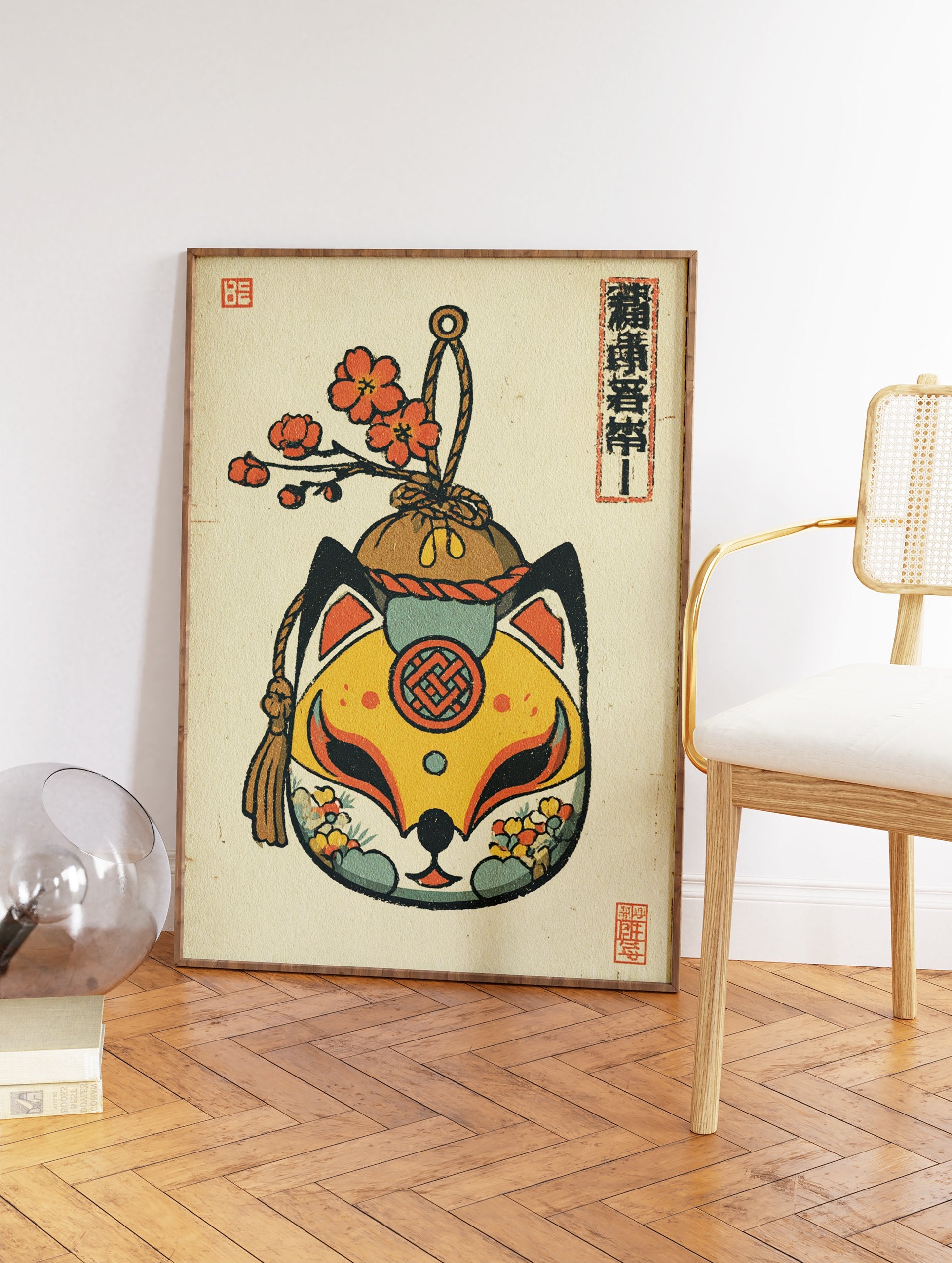 Traditional Japanese Fox Mask (Kitsune) art print with red flowers, rope, and tassel on a textured paper background. - Image 2