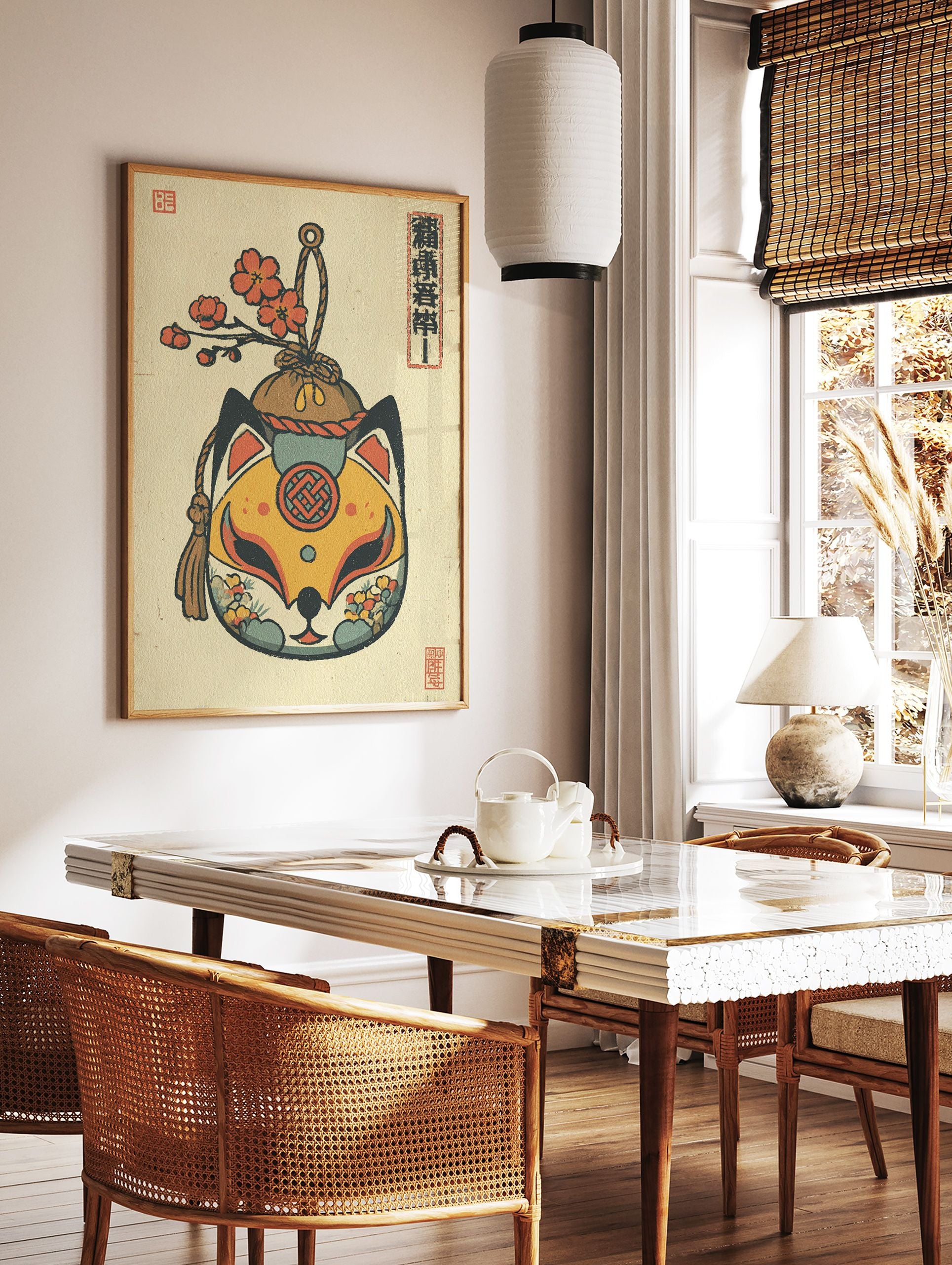 Traditional Japanese Fox Mask (Kitsune) art print with red flowers, rope, and tassel on a textured paper background. - Image 3
