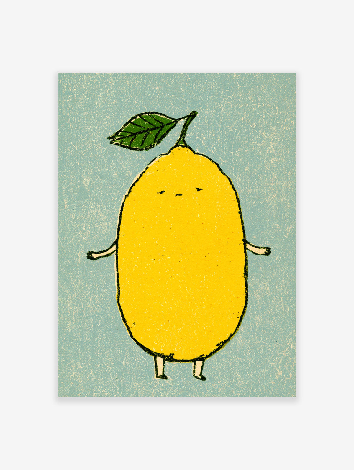 Yellow lemon character illustration with green leaf on textured blue background, cute fruit poster