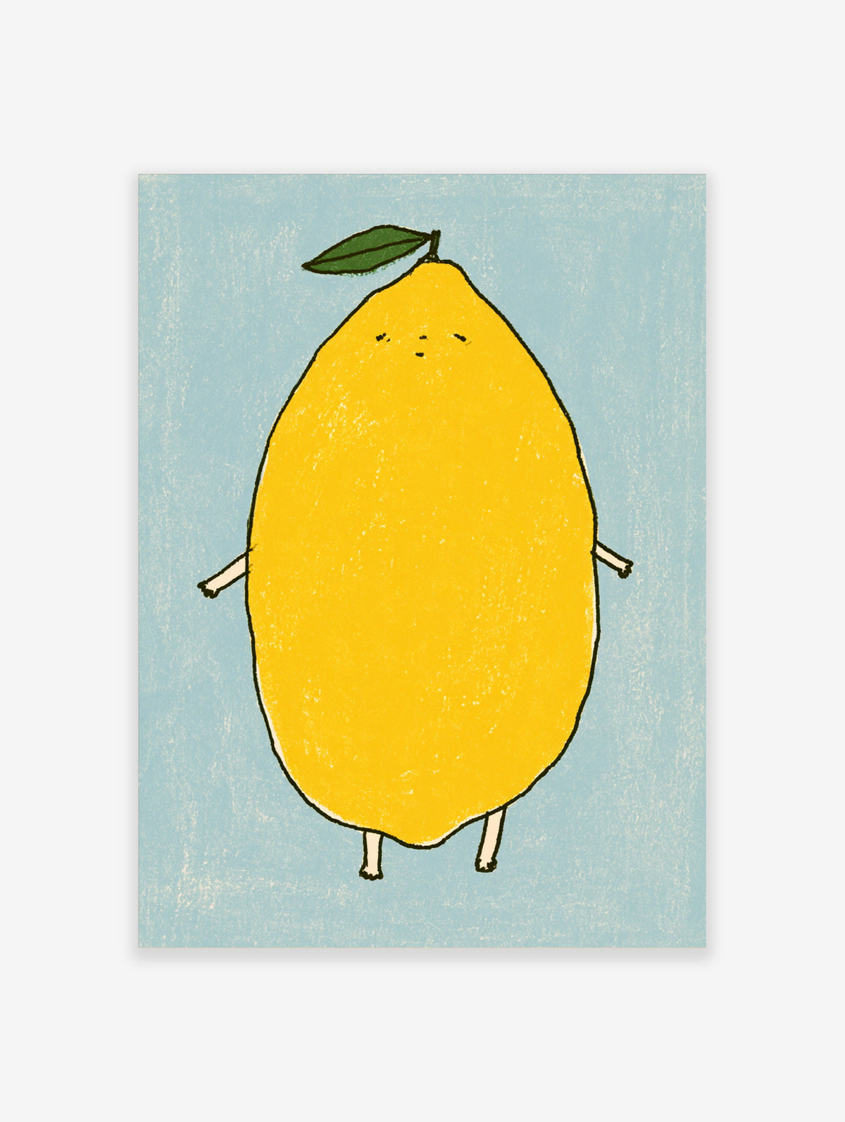 Yellow lemon character illustration with green leaf, dot face, stick arms and legs on light blue background