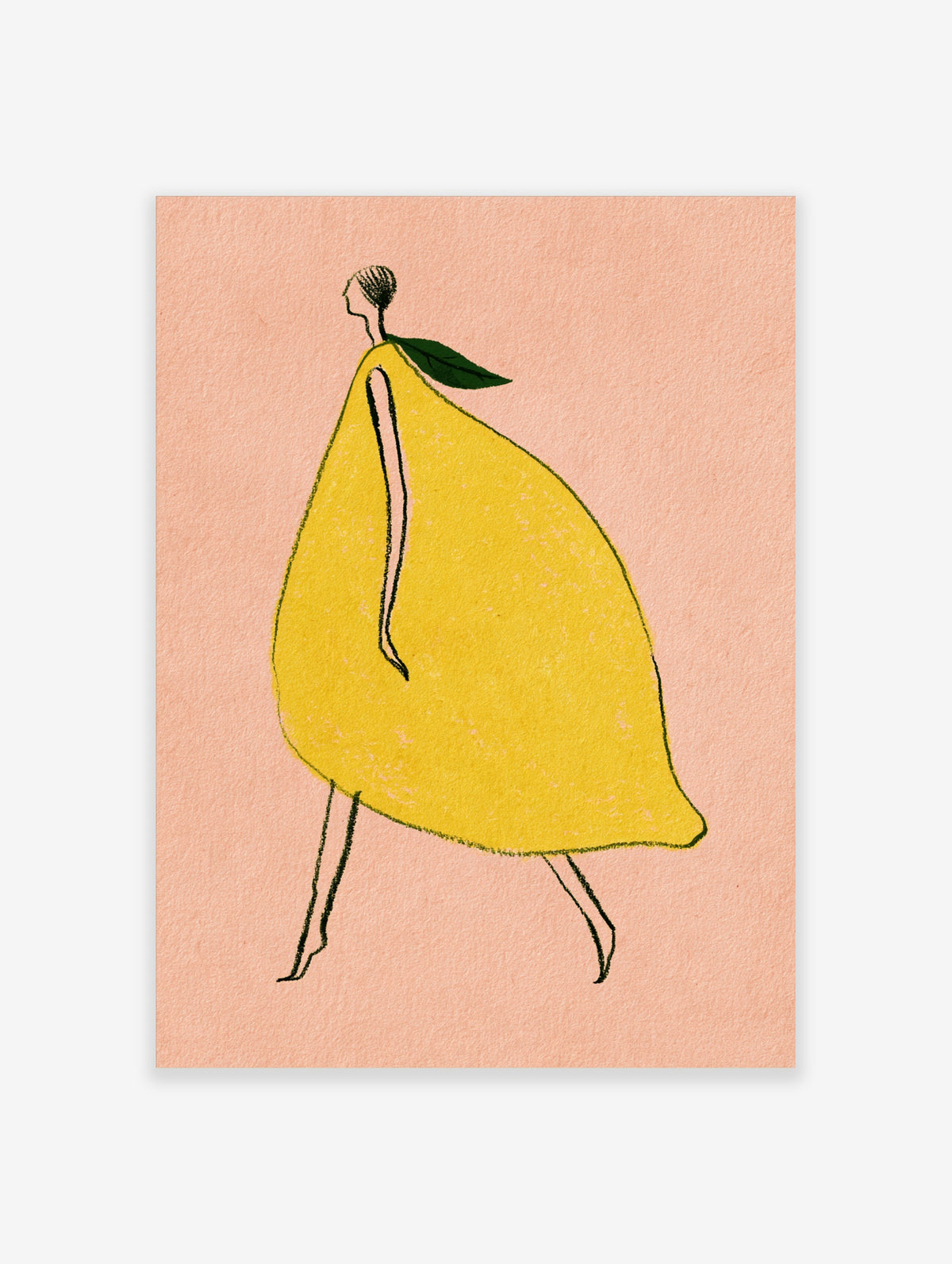 Yellow lemon dress fashion illustration with green leaf collar on pink background