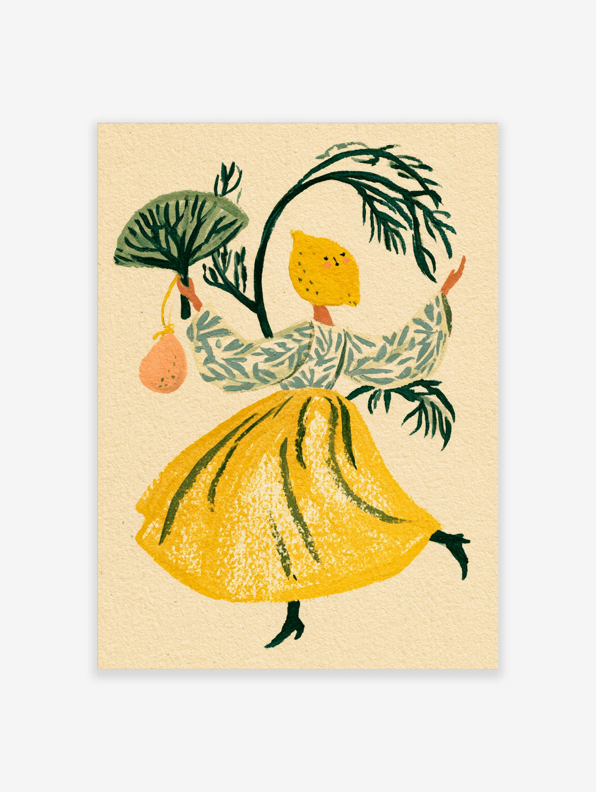 Whimsical yellow lemon head dancing figure art print with green leaf fan and pink pouch on beige background