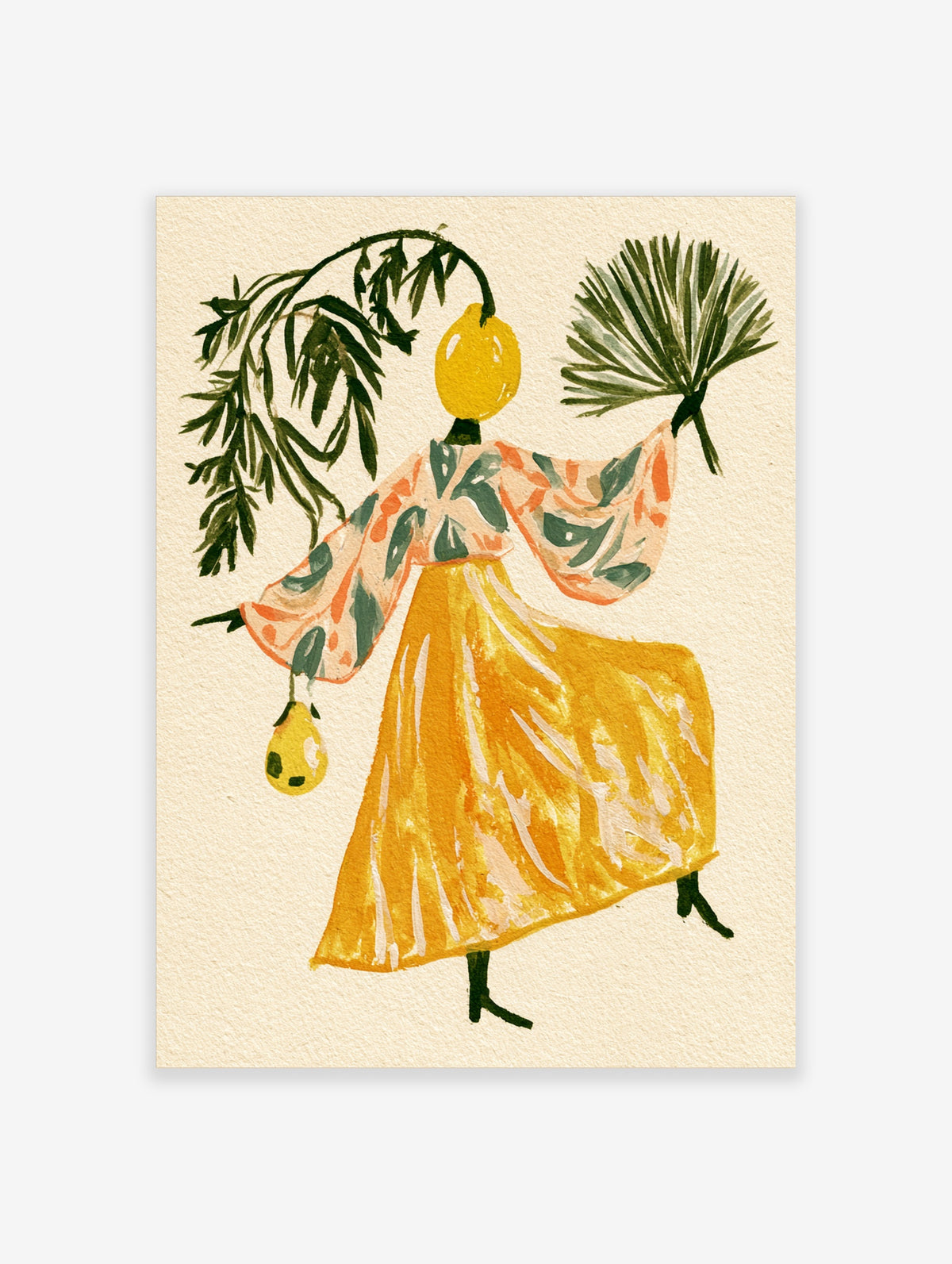 Surreal poster of a figure with a yellow lemon head holding a palm frond and lemon bag beside leafy branches