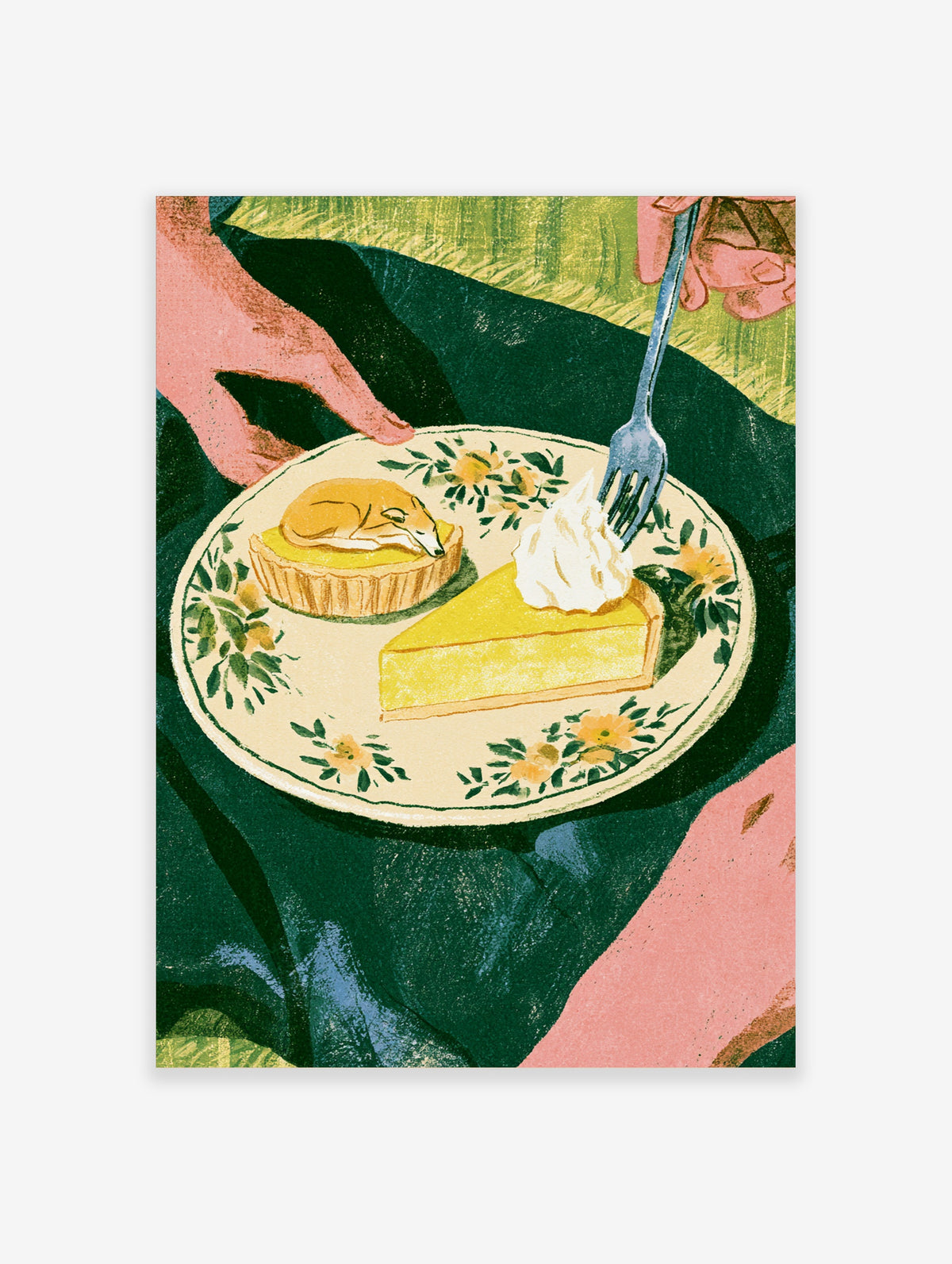 Yellow lemon tart and whippet pastry on floral plate held by pink hands with fork