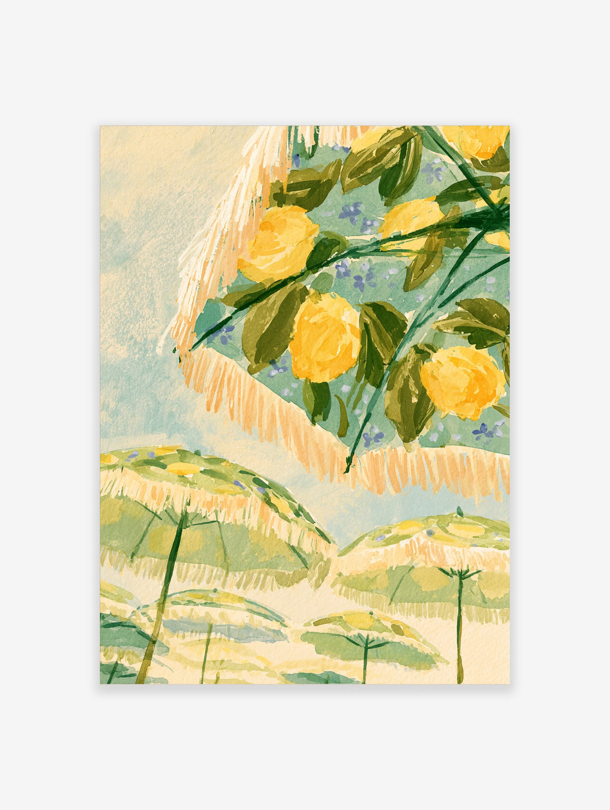 Watercolour beach poster with yellow lemon-patterned umbrellas and cream fringed edges