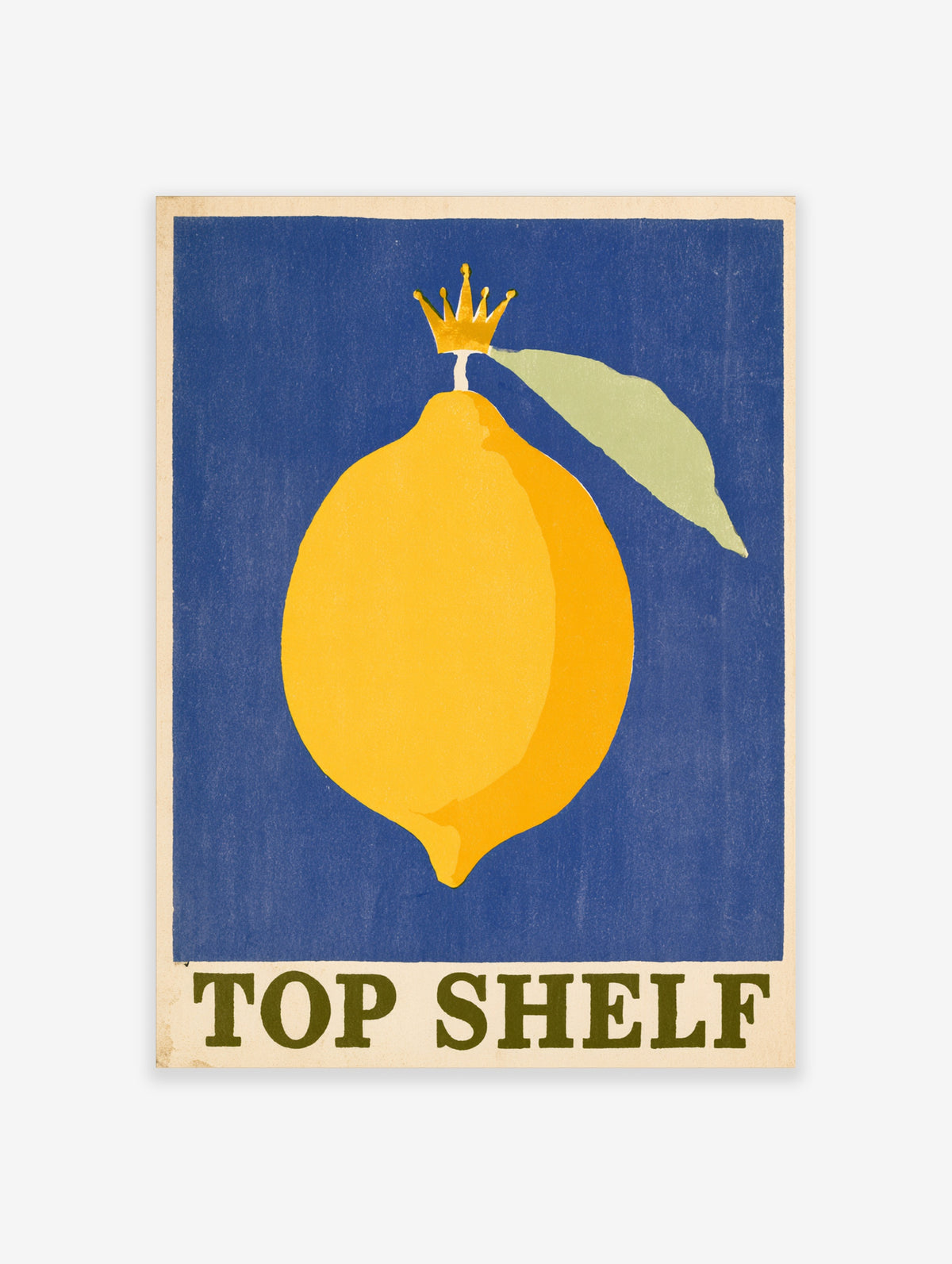Yellow lemon with gold crown and green leaf on blue background with TOP SHELF text