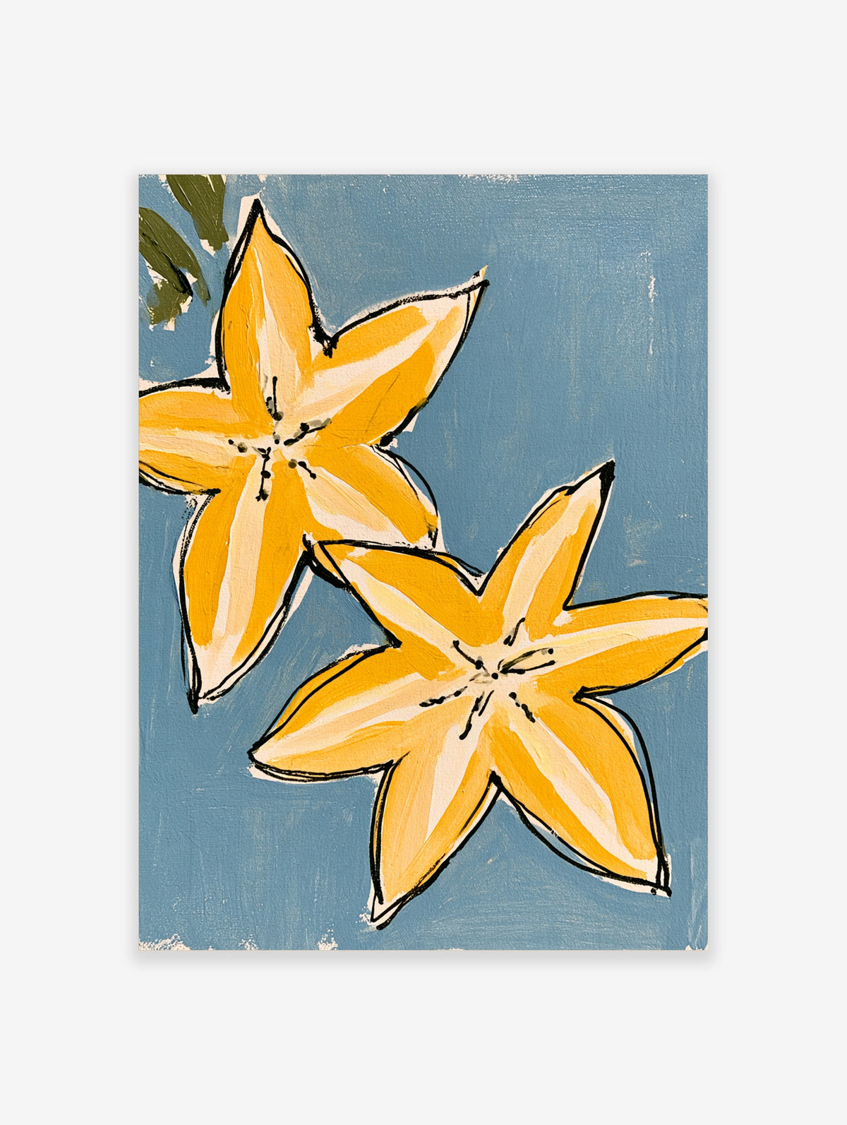 Yellow lily flower wall art print with two blooms on blue background