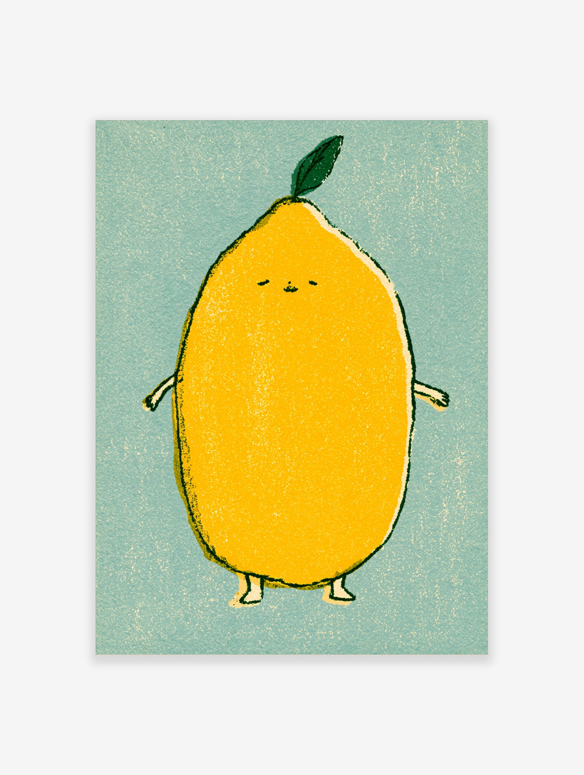 Yellow mango character with green leaf and simple face on textured blue background art print