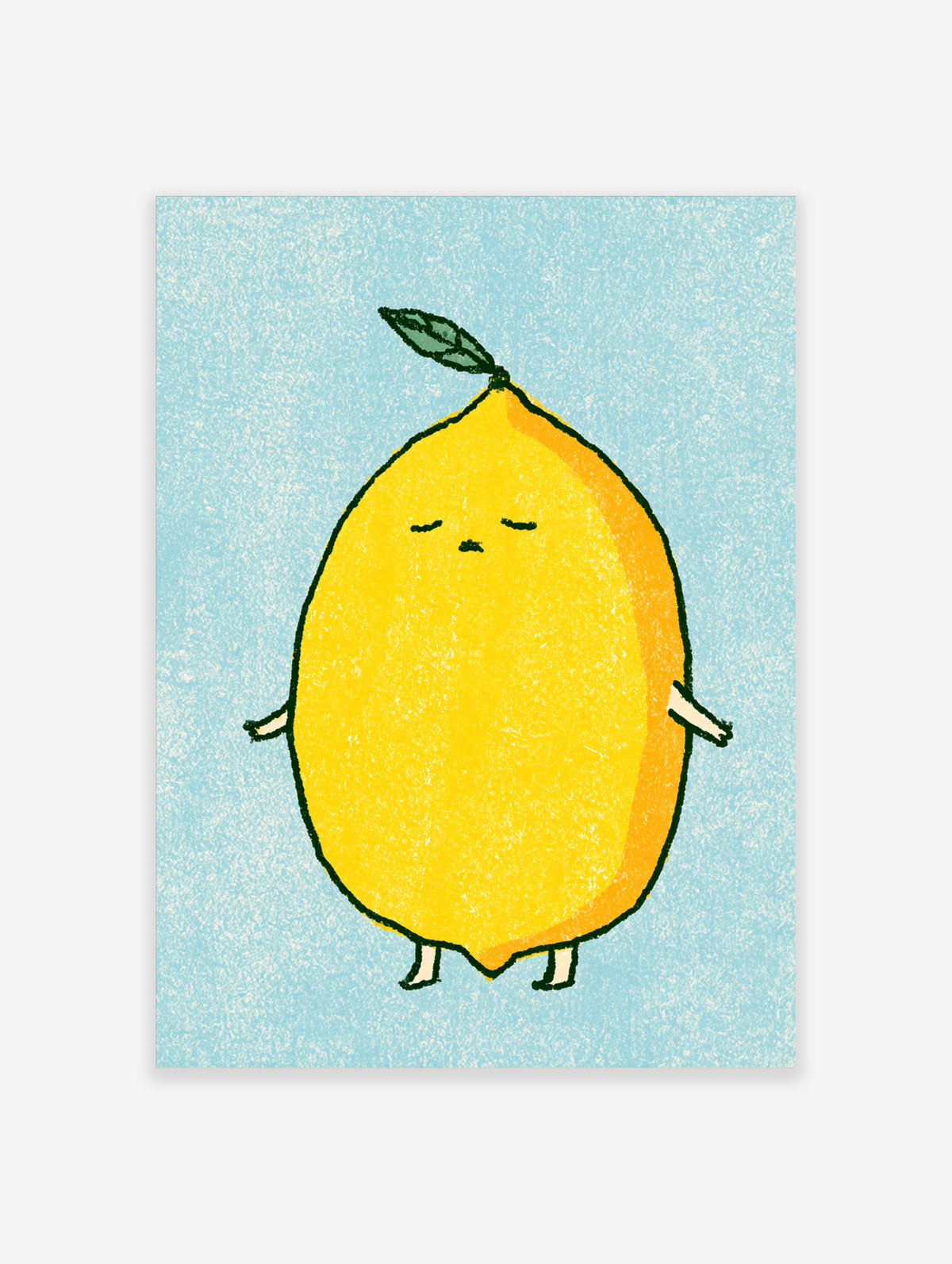 Yellow mango character with green leaf and closed eyes on light blue textured background illustration