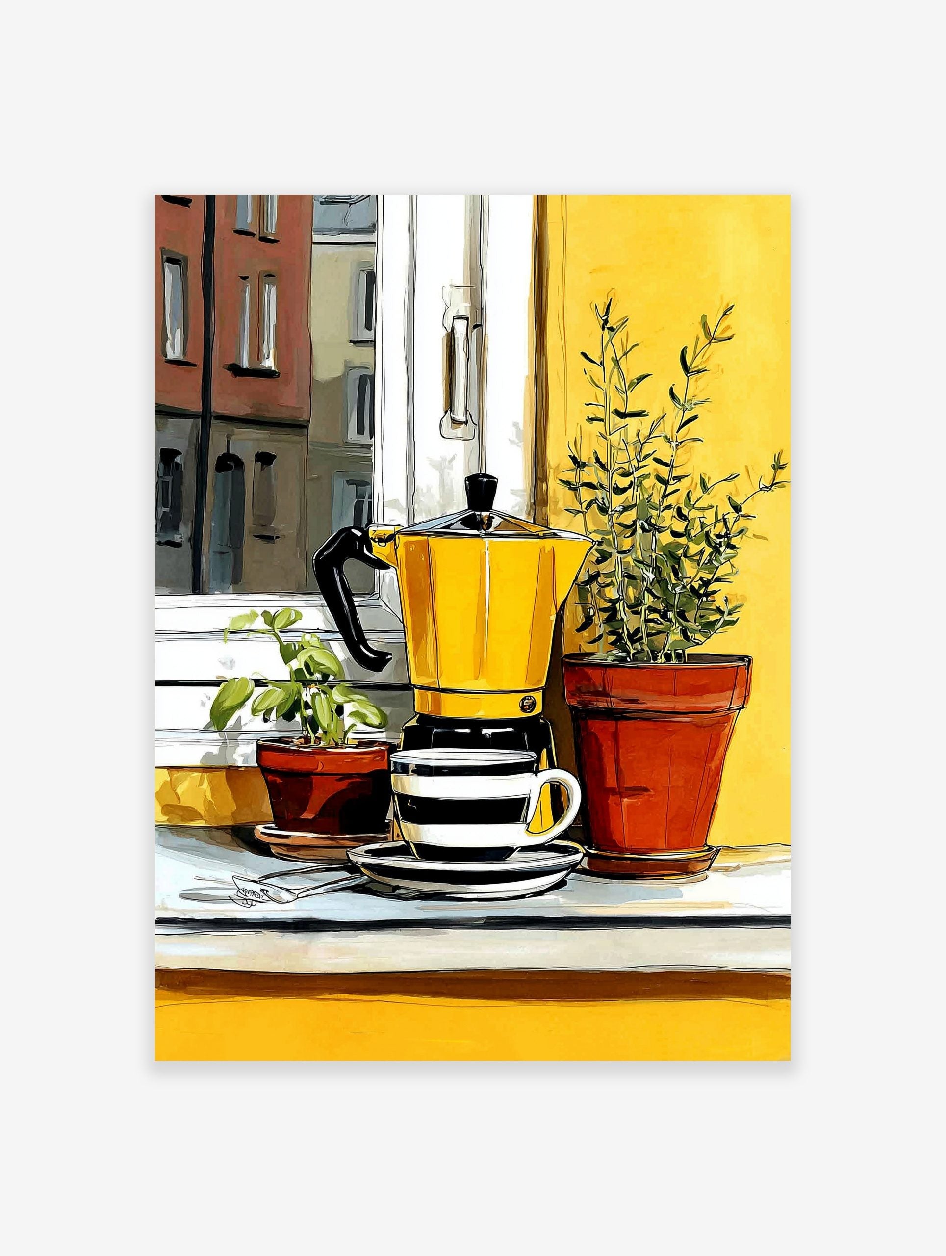 Illustrative print of a yellow moka pot and striped coffee cup with potted green plants on a windowsill
