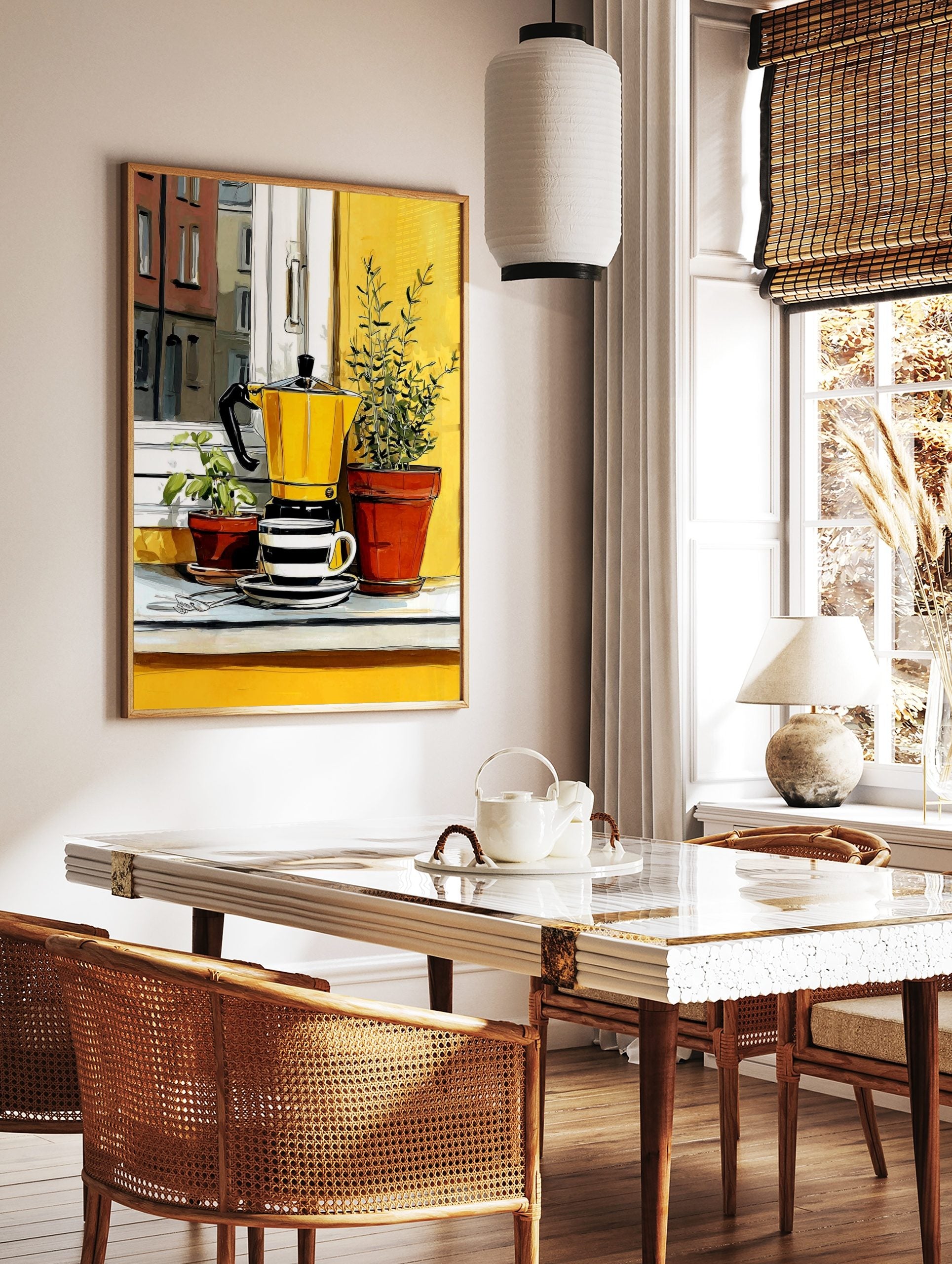 Illustrative print of a yellow moka pot and striped coffee cup with potted green plants on a, in a styled room mockup