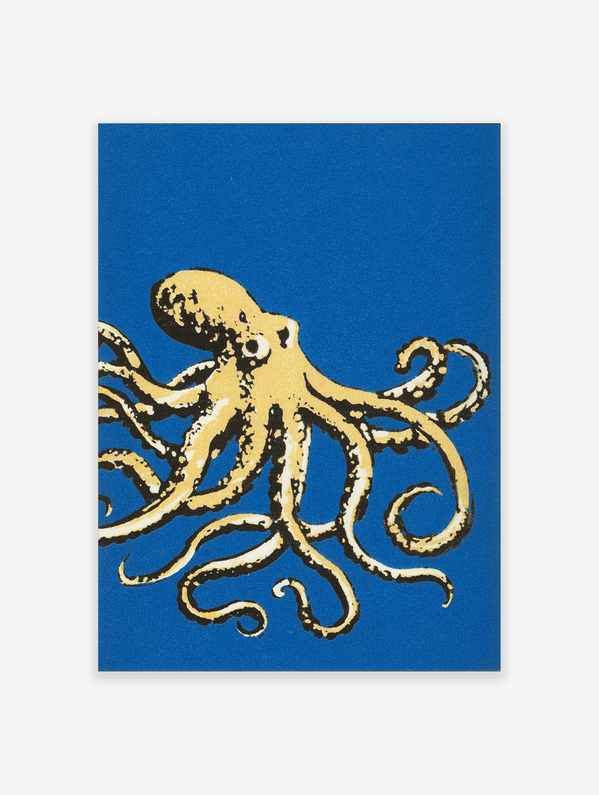 Yellow octopus with black outlines on a blue background, marine animal poster