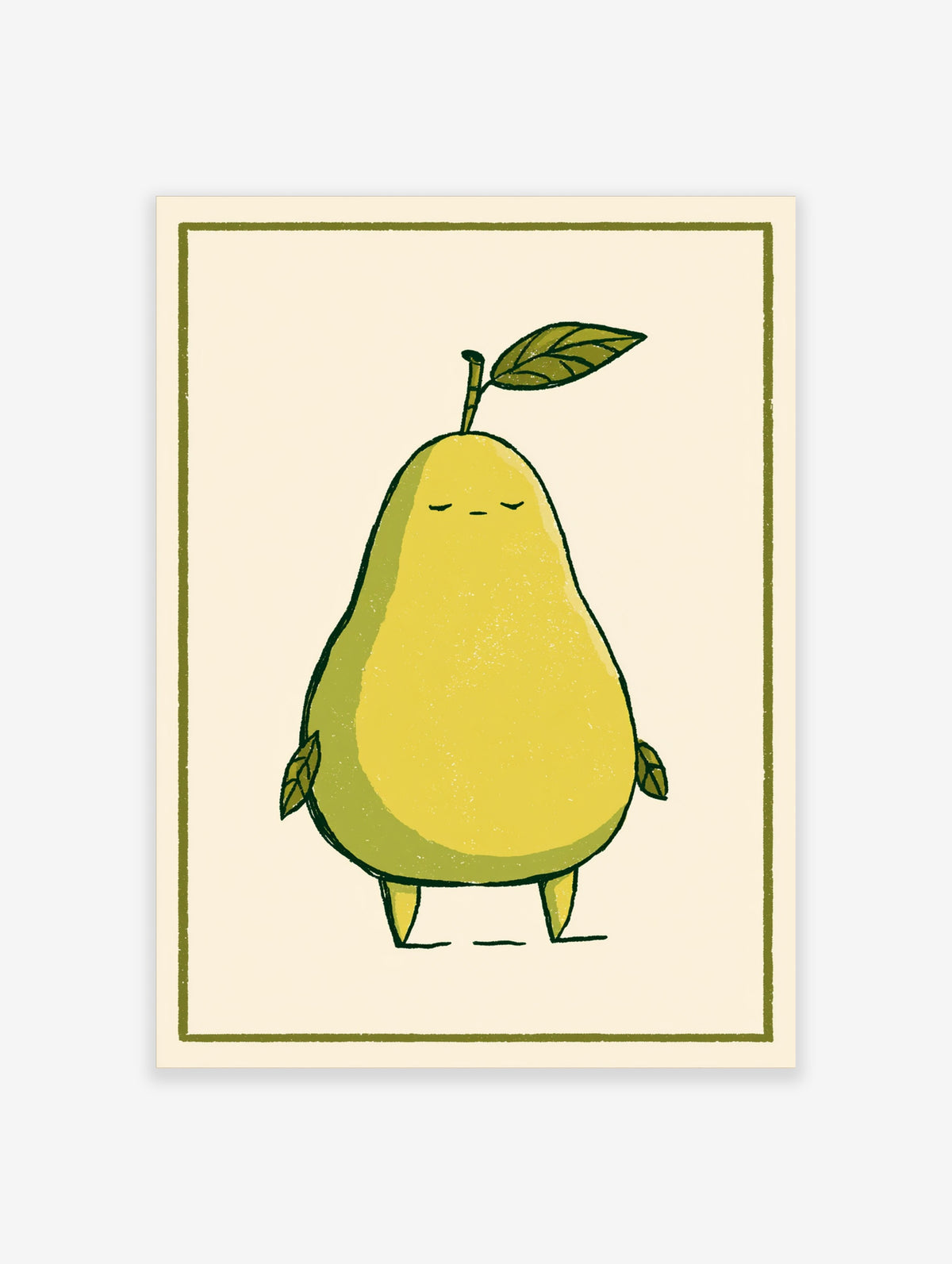Yellow pear character with sleepy face and green leaf on cream background, whimsical fruit poster