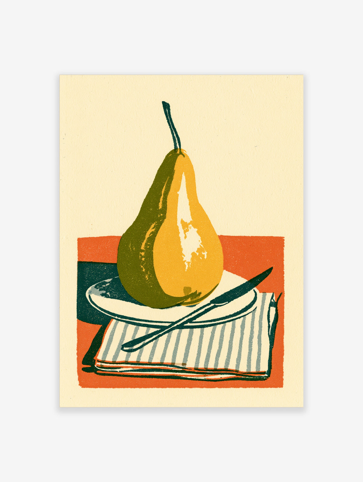 Yellow pear still life poster with halved pear, striped napkin, and knife on plate