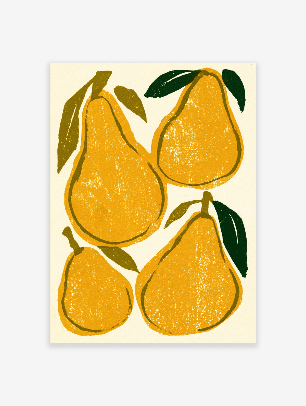 Yellow pear art print with four textured pears and green leaves on a cream background