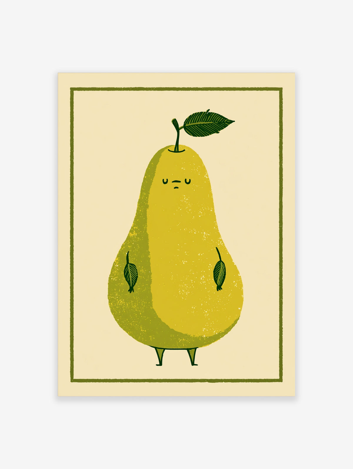 Yellow pear character with green leaf and simple face on cream background, unframed paper print